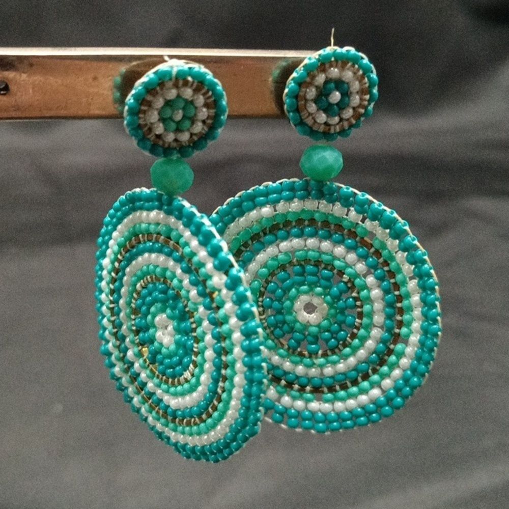Beaded Circle Blue Brass Earrings